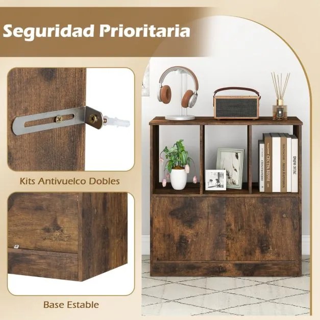 Estante de 3 cubos 70 x 30 x 70 cm com portas de 3 níveis com compartimentos abertos e armário organizador de armazenamento Castanho