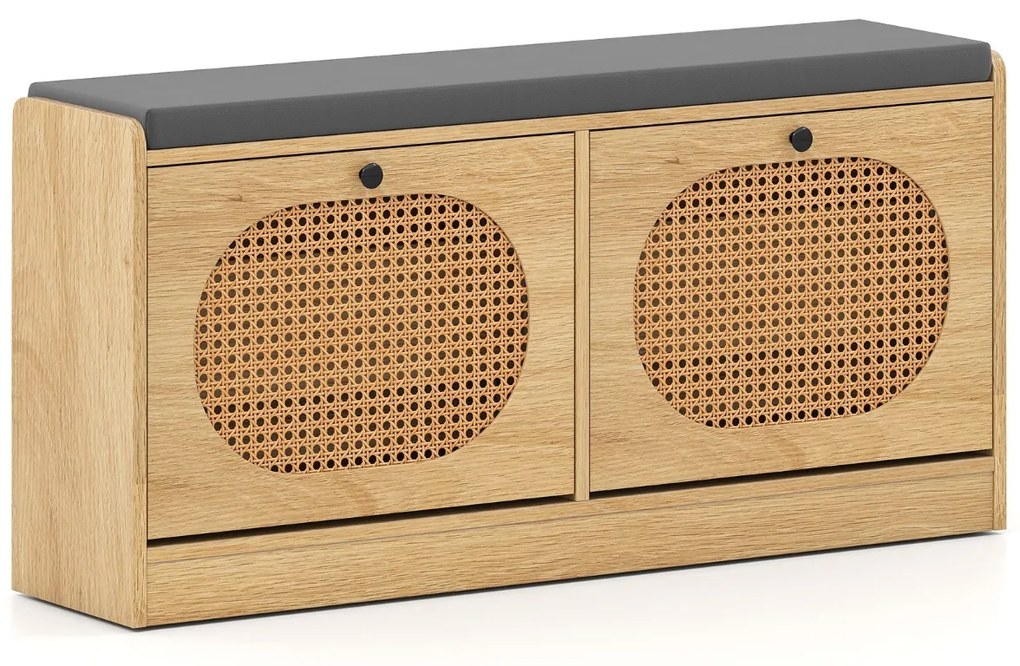 Banco Sapateira 101,5 x 24 x 48 cm de Rattan com 2 Gavetas Rebatíveis e Prateleiras Ajustáveis Almofada de Assento Acolchoada para Corredor Natural