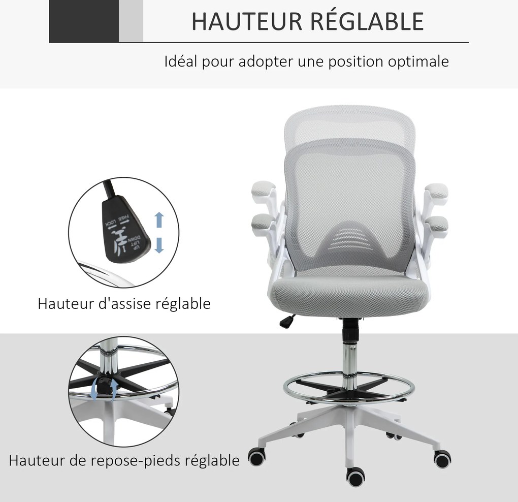 Cadeira de escritório, assento ajustável e rotação de 360°, tecido respirável 64 x 60 x 106-126 A cm, cinzento e branco