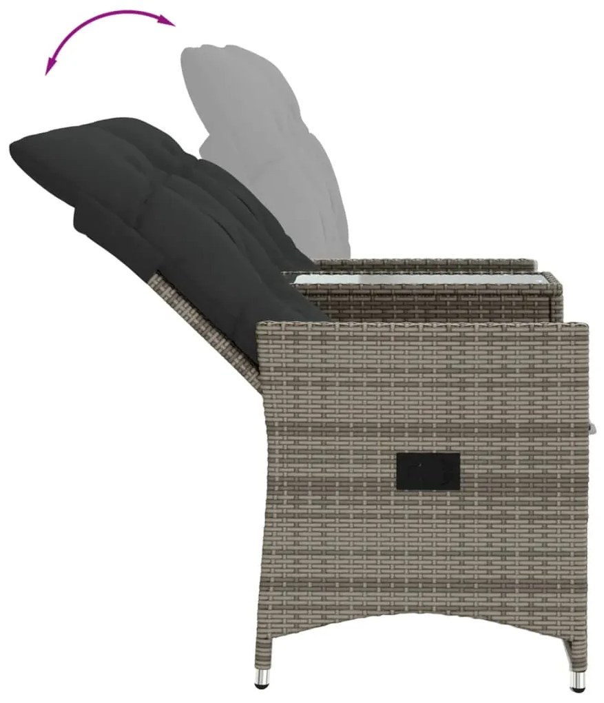 Sofá de jardim reclinável 2 lugares com mesa vime PE cinzento
