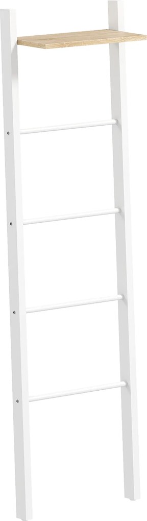 HOMCOM Toalheiro de Escada com Prateleira Superior e 4 Barras Suporte de Toalhas para Encostar na Parede 43x20x151 cm Branco e Carvalho | Aosom Portugal