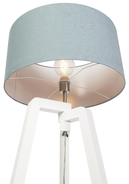 Candeeiro de pé tripé branco em madeira com cúpula mineral 50 cm - Puros Moderno,Country / Rústico