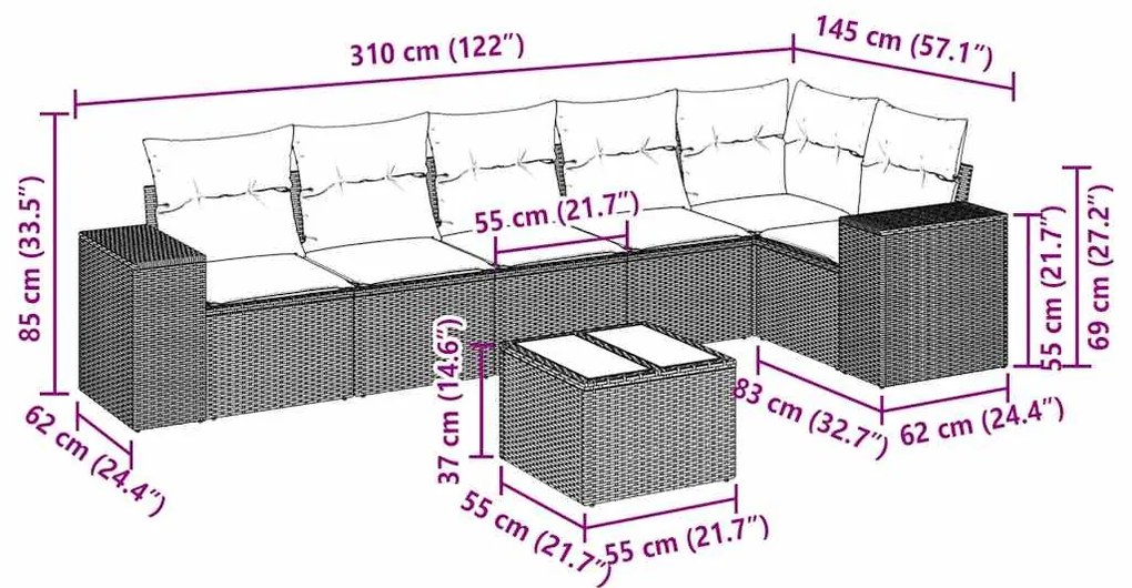 7 pcs conj. sofás jardim com almofadões vime PE cinzento-claro