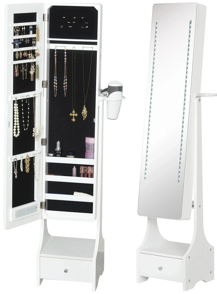 HOMCOM Joalheiro de Pé com Espelho Luz Armário para Jóias com Espelho de Corpo Inteiro 3 Ângulos Ajustáveis com Gaveta e Suporte para Secador 37x30x158cm Branco