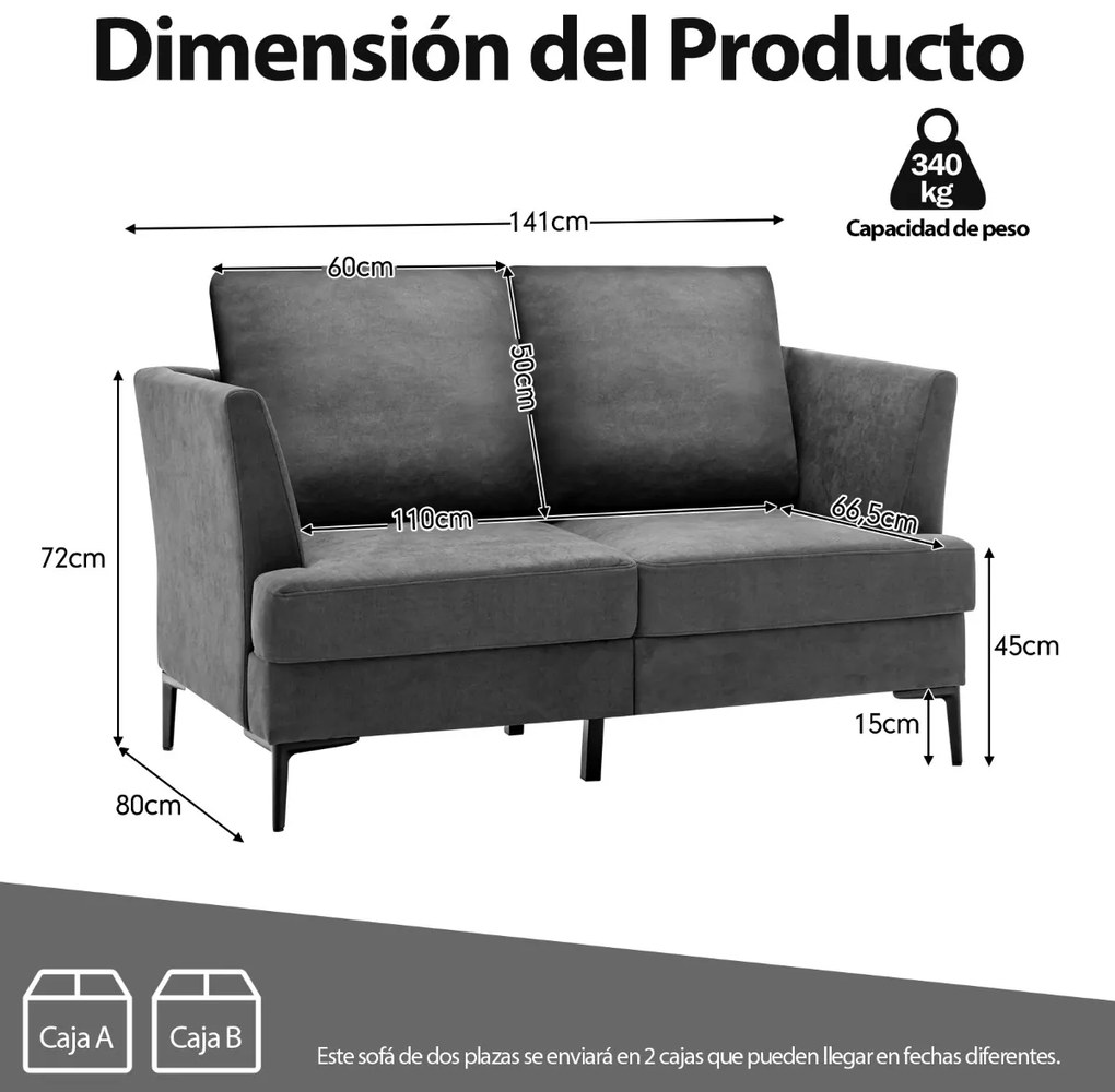 Sofá de dois lugares estofado moderno com almofadas traseiras removíveis para sala de estar  escritório 141 x 80 x 72 cm cinza