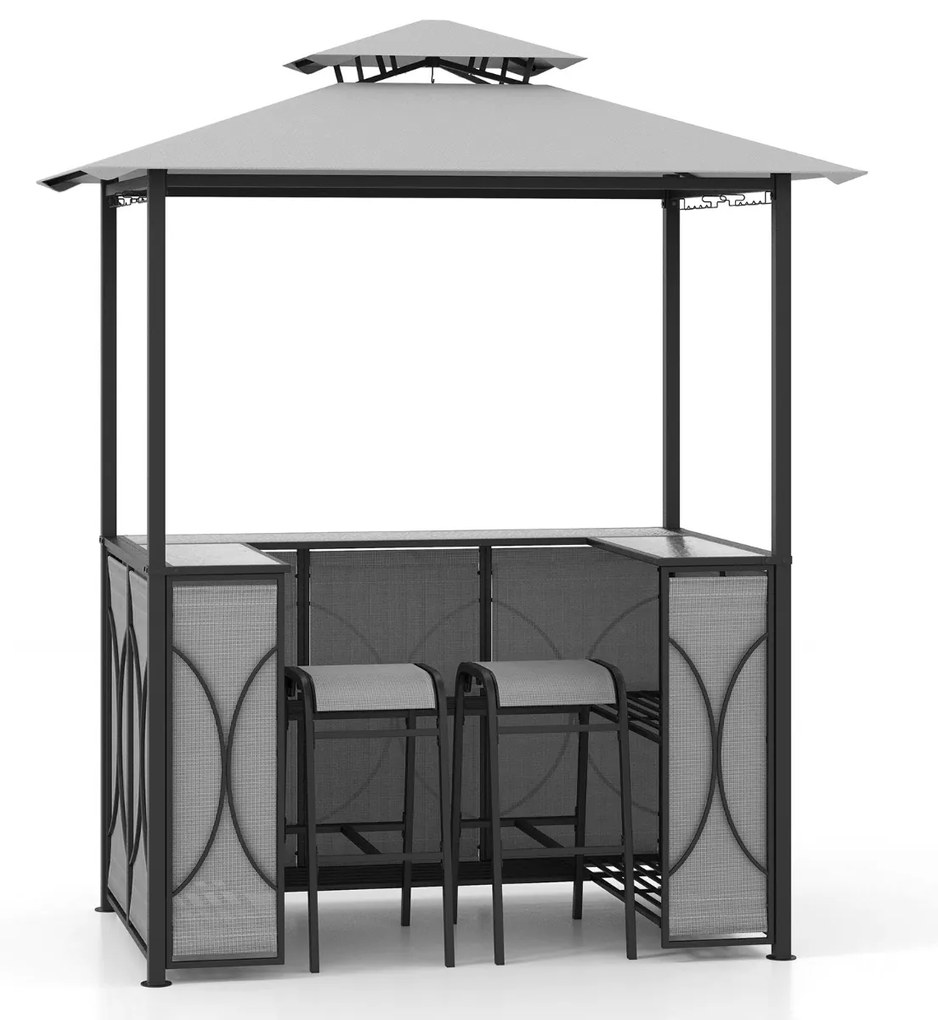 Conjunto de bar de Jardim de 3 peças Tenda de churrasco + 2 bancos de bar Mesa temperada Estantes de metal e suportes de vidro Cinzento