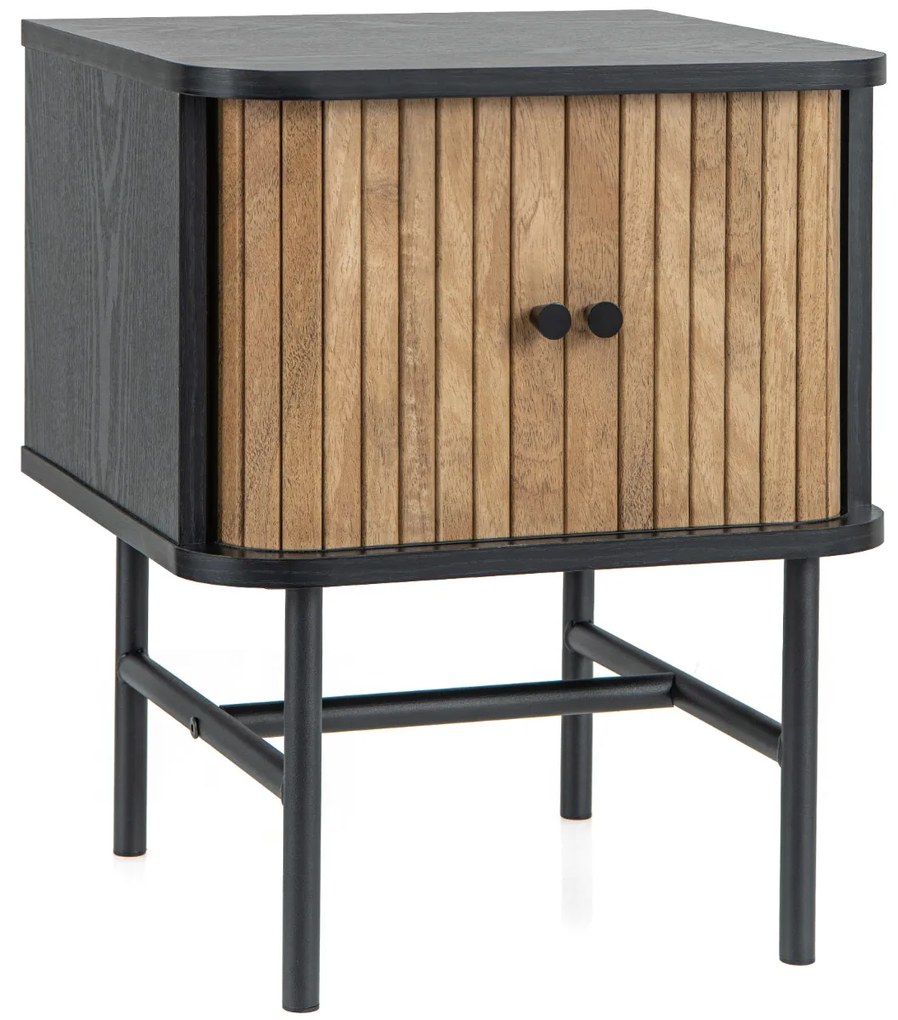 Mesa de cabeceira ou de mesa de apoio com portas de correr com armário de arrumação Pés de metal 40 x 39 x 49 cm Preto