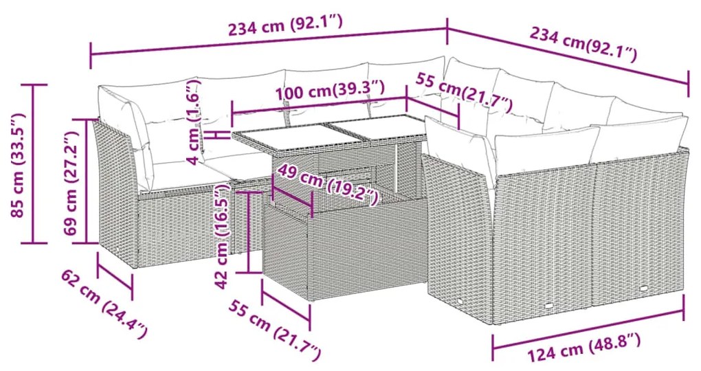 9 pcs conjunto de sofás p/ jardim c/ almofadões vime PE preto