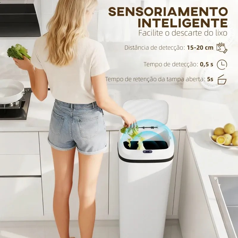 Caixote de Lixo 33x25x84 cm Automático 50L Estreito em Aço Inoxidável com Sensor Infravermelhos Modo Manual  Branco