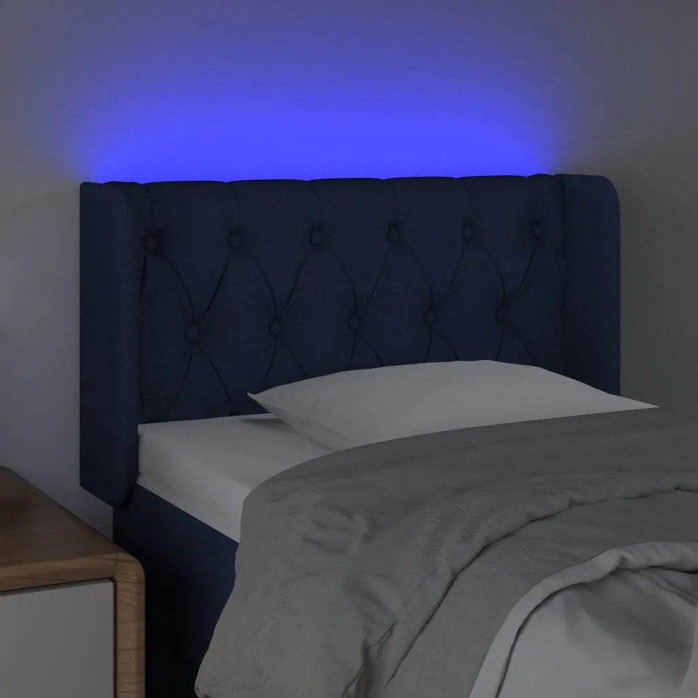 Cabeceira de cama c/ luzes LED tecido 83x16x78/88 cm azul