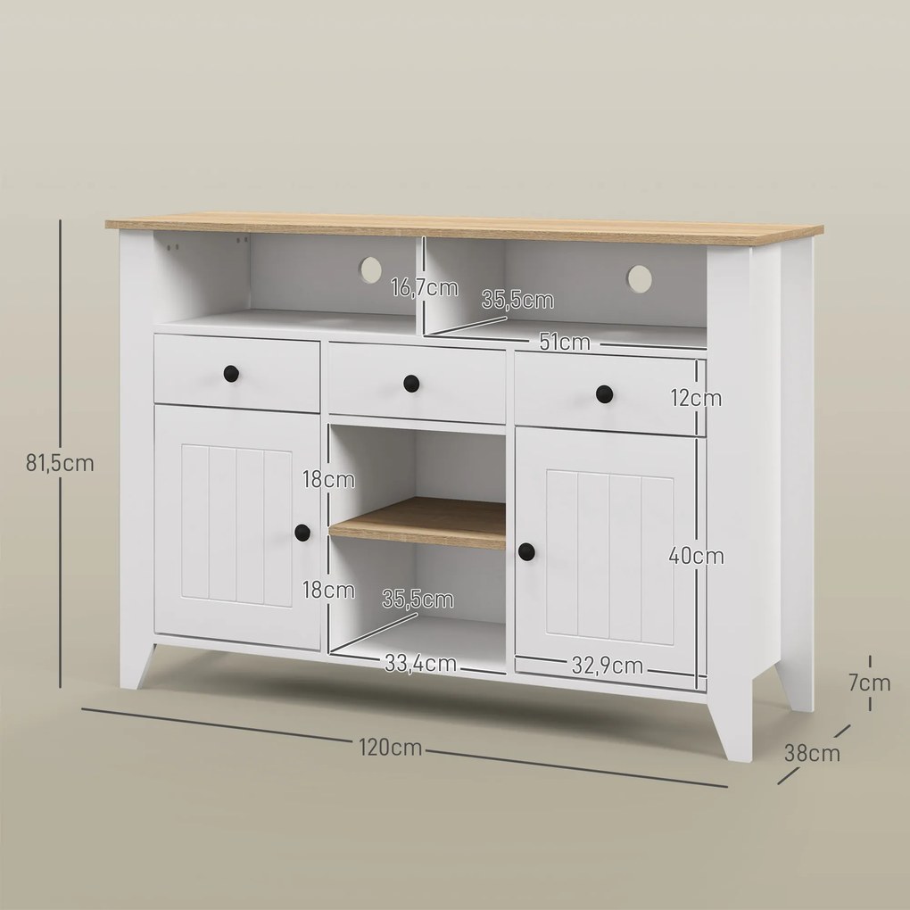 Aparador de Cozinha com 3 Gavetas 2 Armários 2 Prateleiras Abertas e 2 Prateleiras Ajustáveis Moderno 120x38x82 cm Branco
