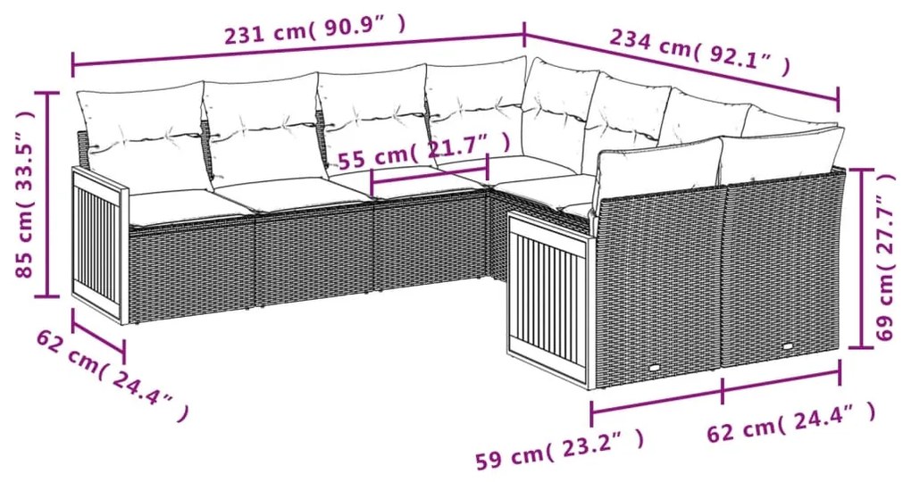 8 pcs conjunto sofás de jardim c/ almofadões vime PE cinzento