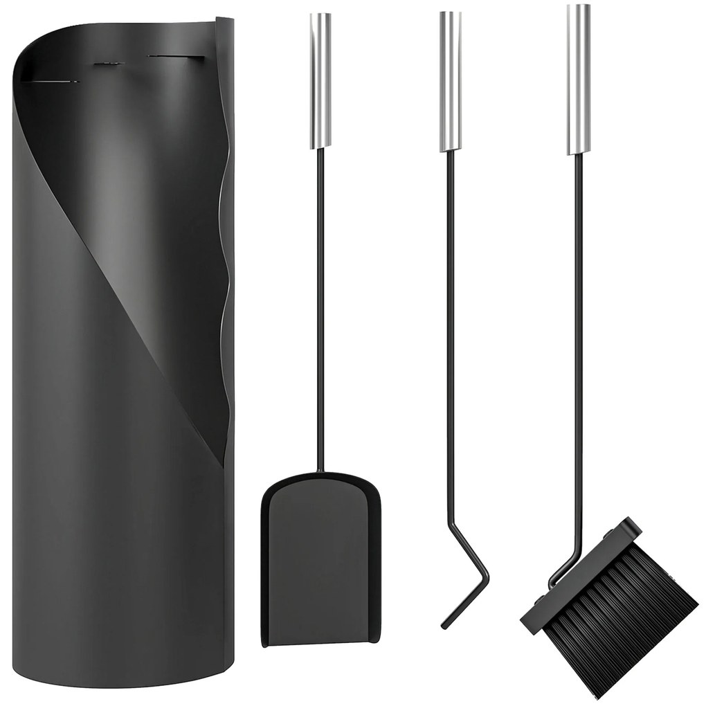 Outsunny Conjunto de Acessórios para Lareira de 4 Peças Conjunto de Acessórios de Metal com Vassoura Pá Atiçador e Balde 20x20x65 cm Preto e Prateado