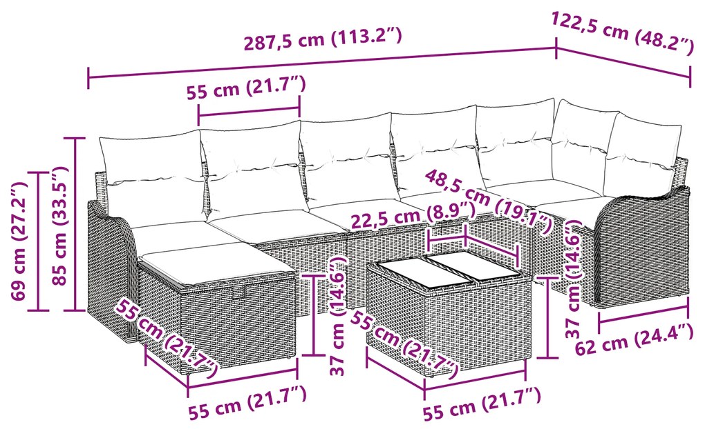 Conjunto de Sofá de Jardim de 8 Peças com Almofadas Preto Rattan PE, C