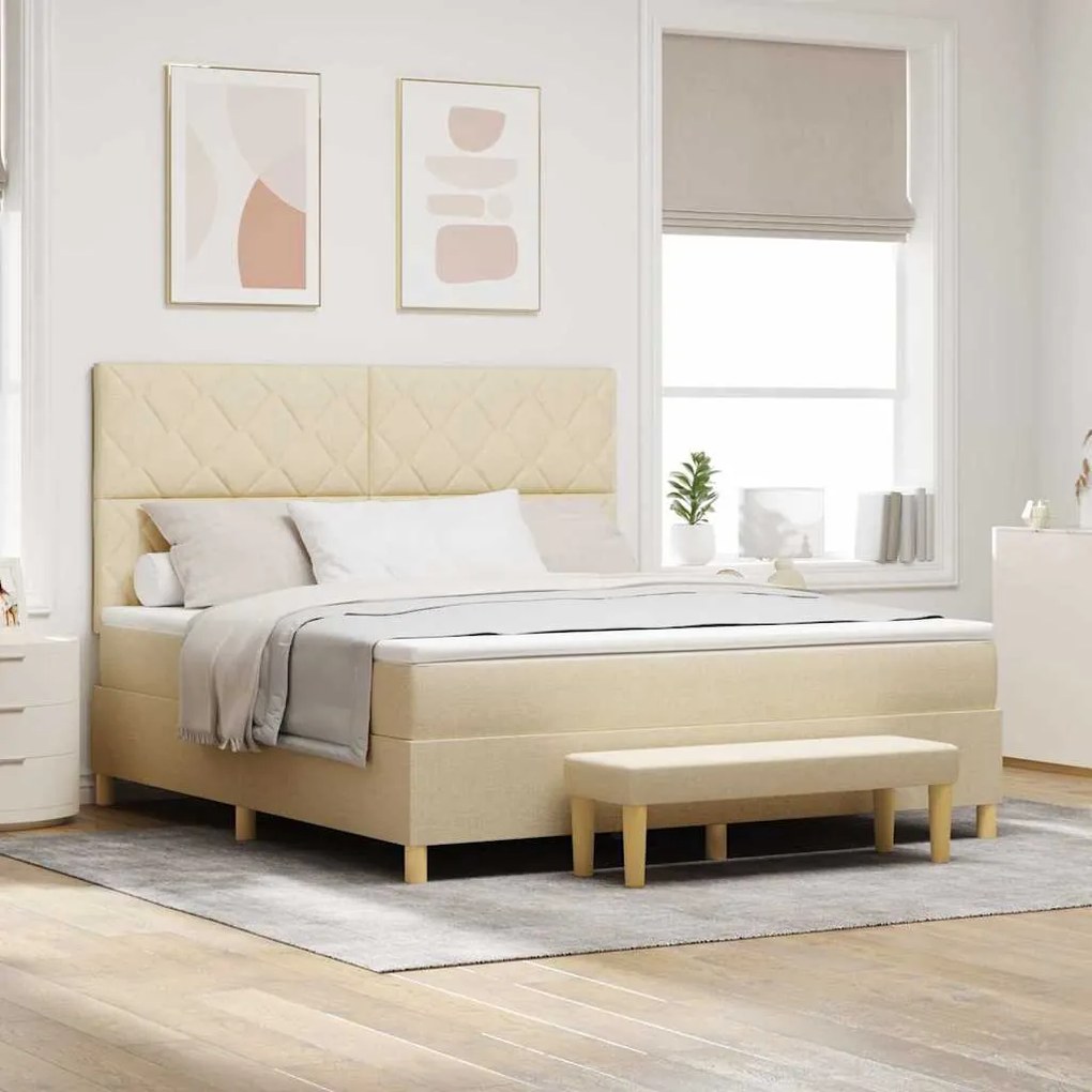 Cama Box com Colchão &amp; Banco Creme 180x200 cm Tecido