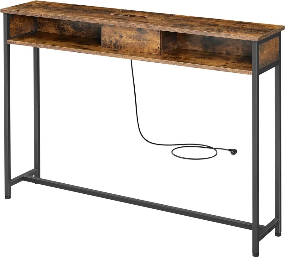 Mesa consola estreita 25 x 120 x 81 cm com tomadas com 2 compartimentos castanho vintage-preto