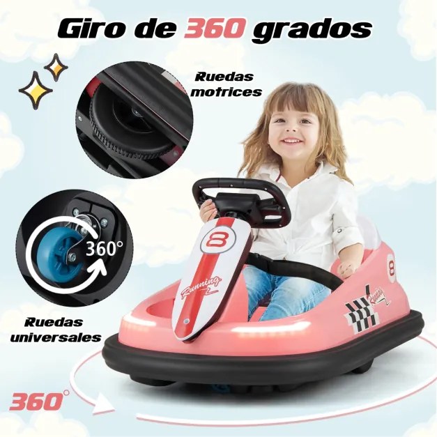 Carro elétrico com para-choques de 6V para crianças com mais de 18 meses com rotação de 360°, dois motores, volante de 2 velocidades, música e luzes L