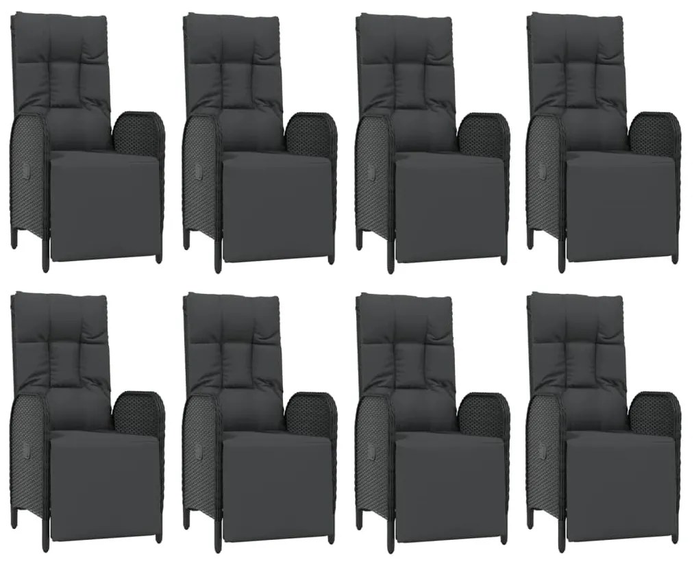 9 pcs conjunto de jantar p/ jardim c/ almofadões vime PE preto