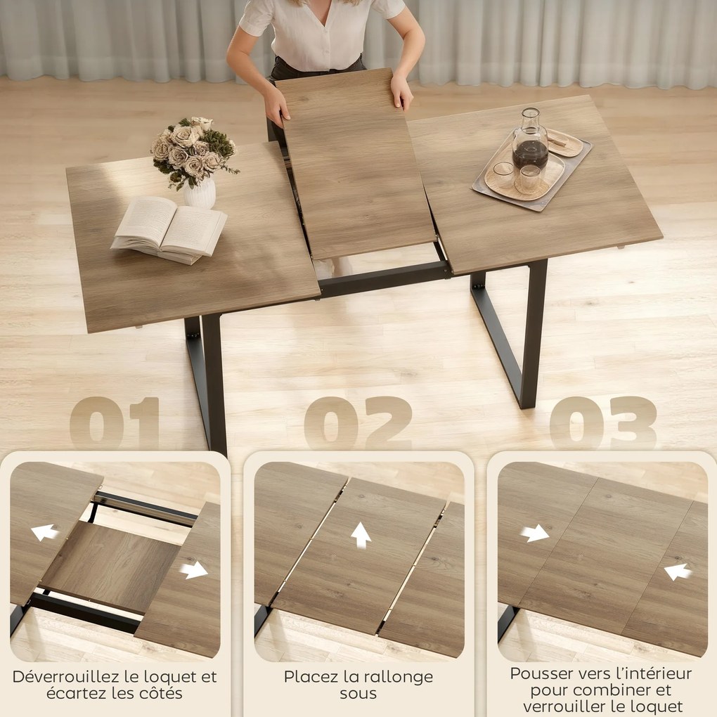 Mesa de jantar retangular extensível com extensão de 140 a 180 cm para 6 a 8 pessoas (CADEIRAS NÃO INCLUIDAS), com efeito de madeira natural, preto