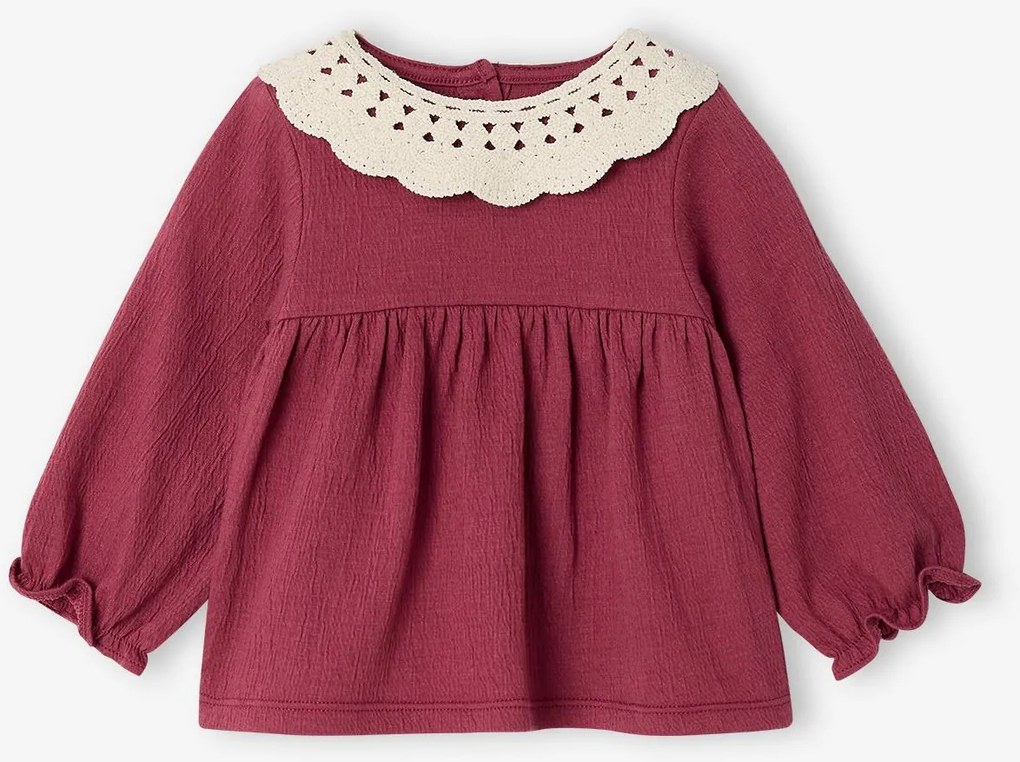 Camisola em jersey enrugado com gola em crochê, para bebé ameixa