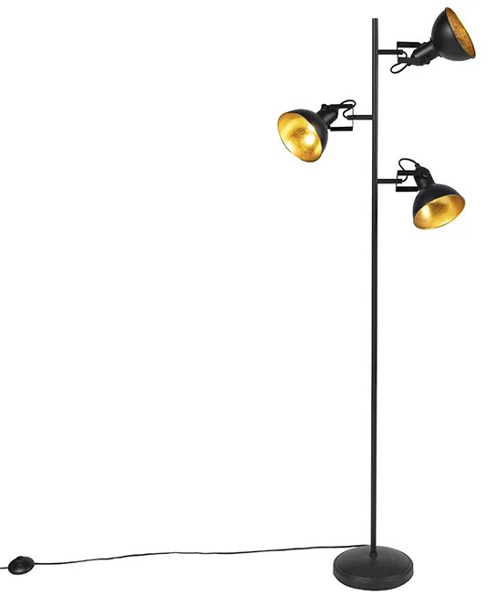 Candeeiro de pé industrial preto com dourado 3-luzes - Tommy Industrial