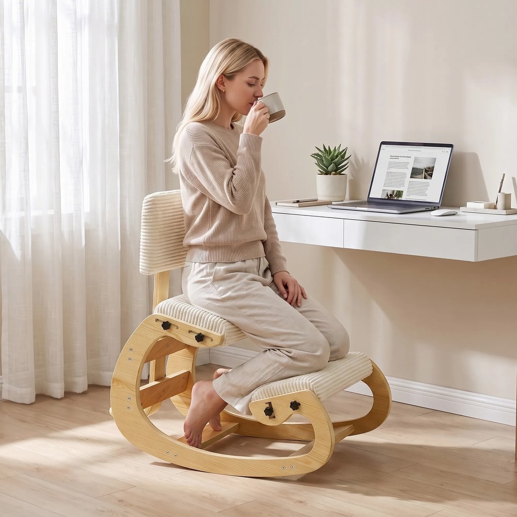 Cadeira de Joelhos Ergonómica com Encosto, Apoio para Joelhos e Bombazina Creme