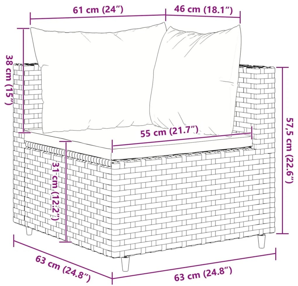 10 pcs conjunto lounge de jardim c/ almofadões vime PE cinzento
