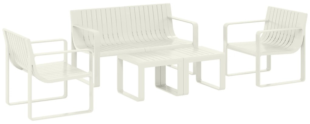 Conjunto de Jardim 5 Peças Móveis de Exterior com 2 Poltronas 1 Sofá de 2 Lugares e 2 Mesas de Centro Desenho de Ripas Branco