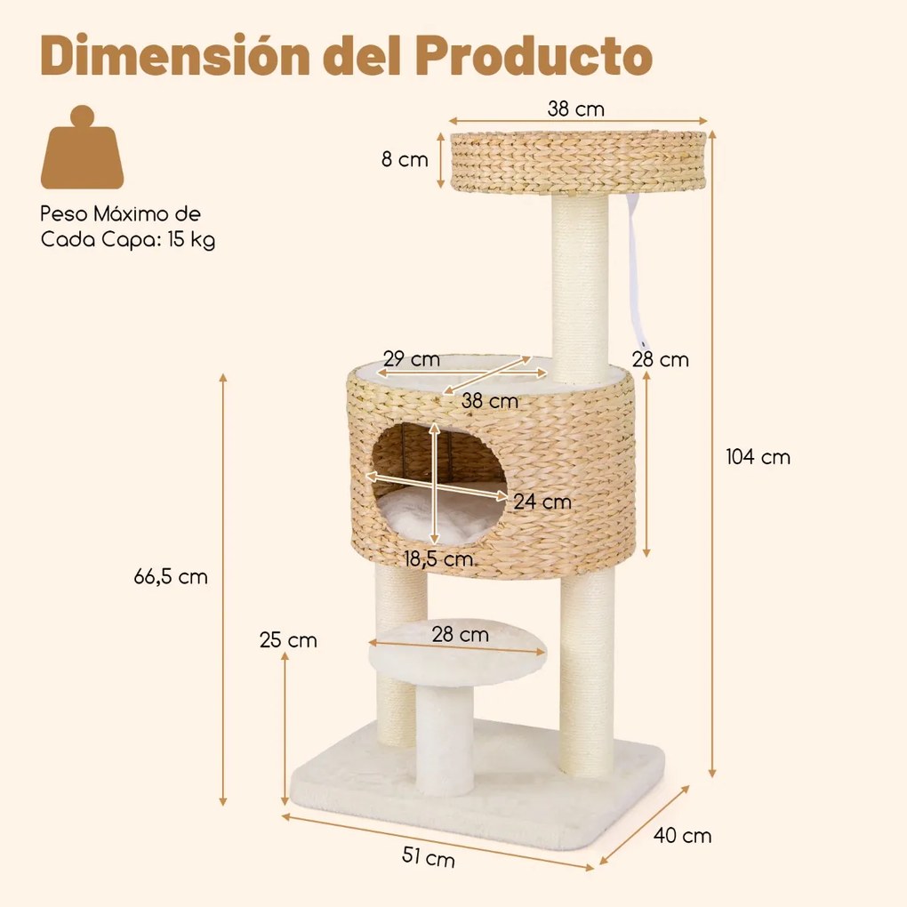 Arranhador para gatos com poleiro superior Postes de arranhar Sisal Cama de brinquedos suspensa em sisal Almofada natural