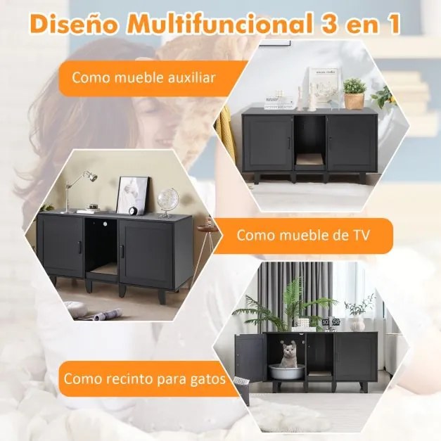 Móvel para gatos para Caixa areia (Não incluida), prancha a para arranhar e patas de madeira removíveis 120 x 52 x 65 cm Preto