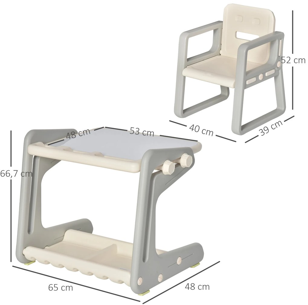 HOMCOM 2 em 1 Mesa Infantil com Quadro Negro Conjunto de Mesa Conversível e Cadeira para Crianças acima de 12 Meses com 3 Marcadores e 1 Borracha 65x48x66,7 cm Cinza e Branco