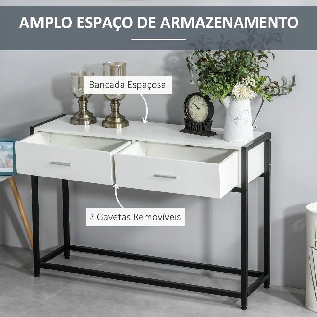 Consola Mesa de Entrada 120x34x81cm com 2 Gavetas e Pés Ajustáveis Móvel de Entrada de Estilo Moderno para Corredor Entrada Branco e Preto