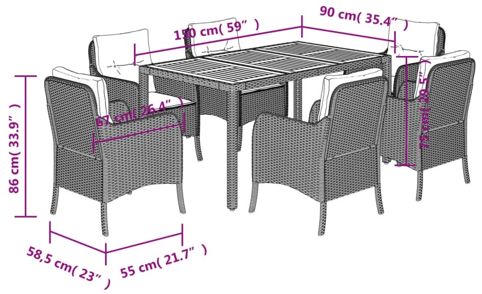 7 pcs conjunto de jantar p/ jardim c/ almofadões vime PE cinza