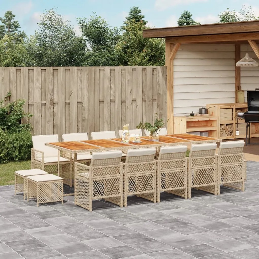 vidaXL 15 pcs conjunto de jantar p/ jardim com almofadões vime PE bege