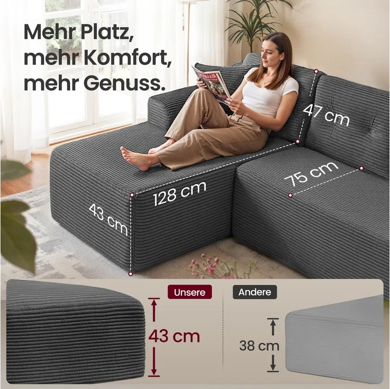 Sofá de canto sem montagem modular 150 x 244 x 73 cm com chaise longue cinza ardósia