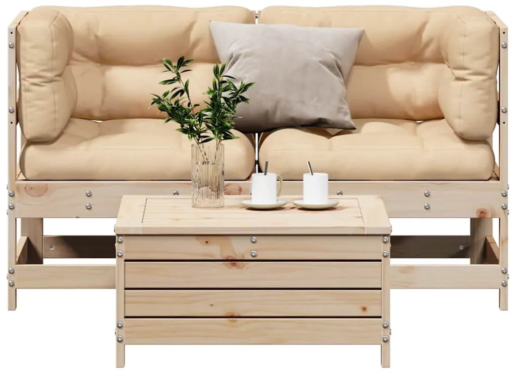 3 pcs conjunto lounge de jardim c/ almofadões pinho maciço