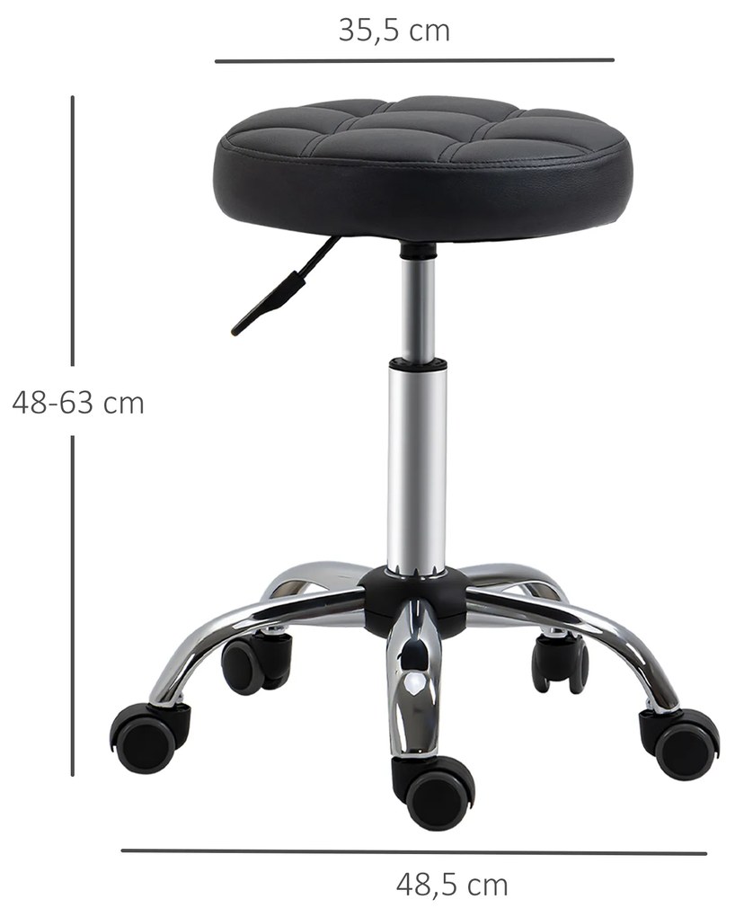 HOMCOM Banco Giratório com Rodas Altura Ajustável entre 48-63cm Banco de Trabalho Estofado em Couro PU para Salão Dentista Diâmetro Ø35,5cm Preto