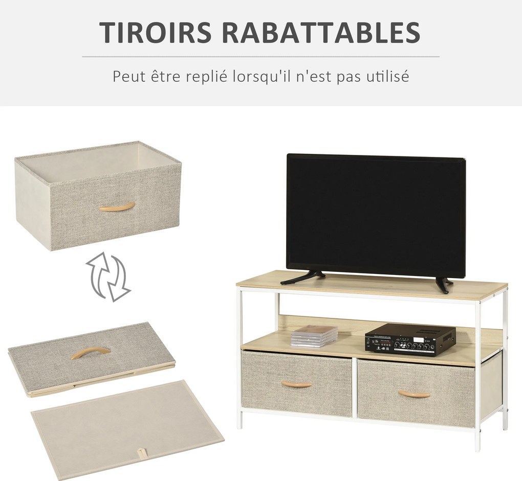 Móvel de TV baixo com pés 98 L x 29 P x 56 A cm, estilo industrial, com 2 gavetas em tecido cinzento, cor madeira natural e metal branco