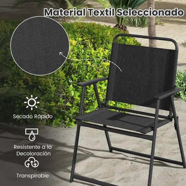 Conjunto de 2 cadeiras dobráveis com estrutura metálica, encosto e apoios para os braços, carga 150 kg, para terraço, varanda ou praia Preto