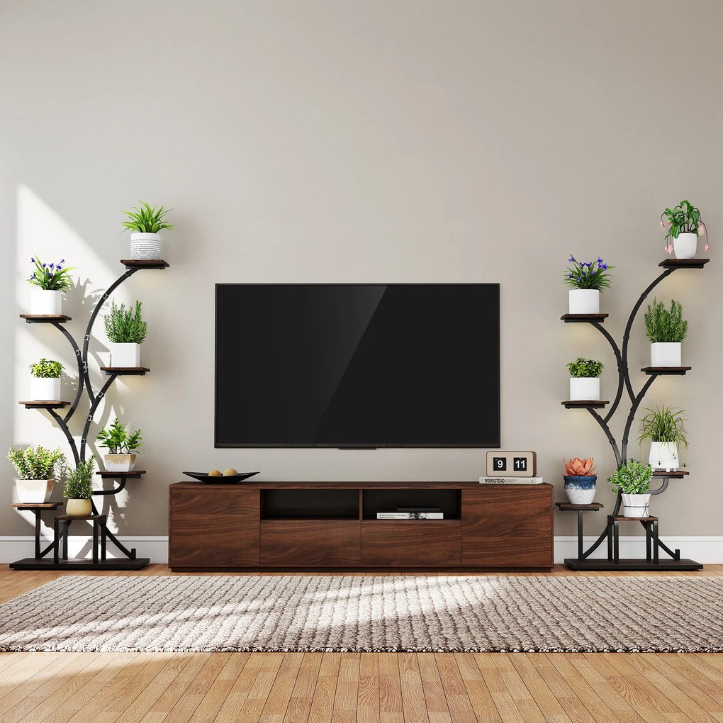 Conjunto de 2 suportes de 8 níveis para plantas, com luzes ajustáveis e temporizador, para varanda – 67 x 30 x 146 cm, castanho e preto