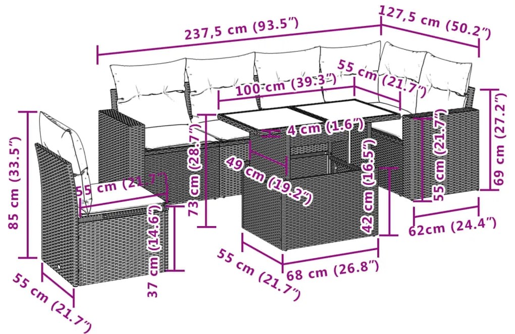 7 pcs conjunto de sofás p/ jardim com almofadões vime PE bege