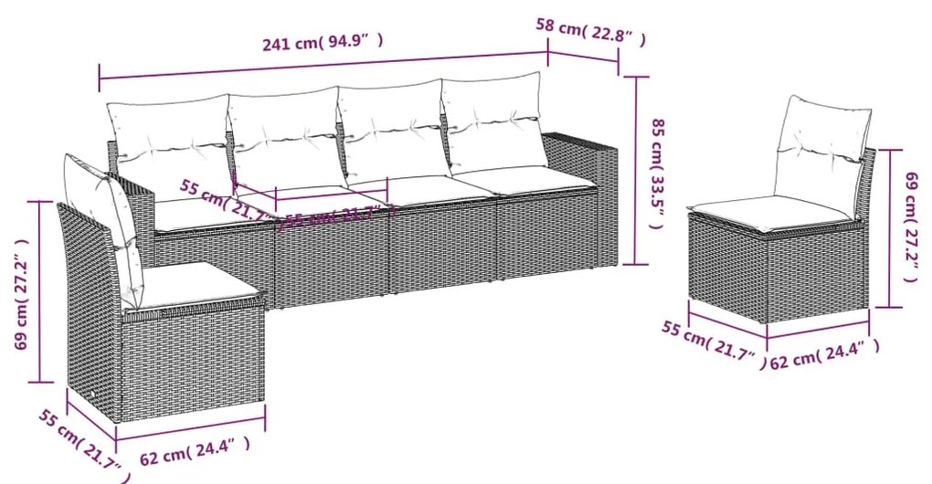 6 pcs conjunto de sofás p/ jardim com almofadões vime PE bege