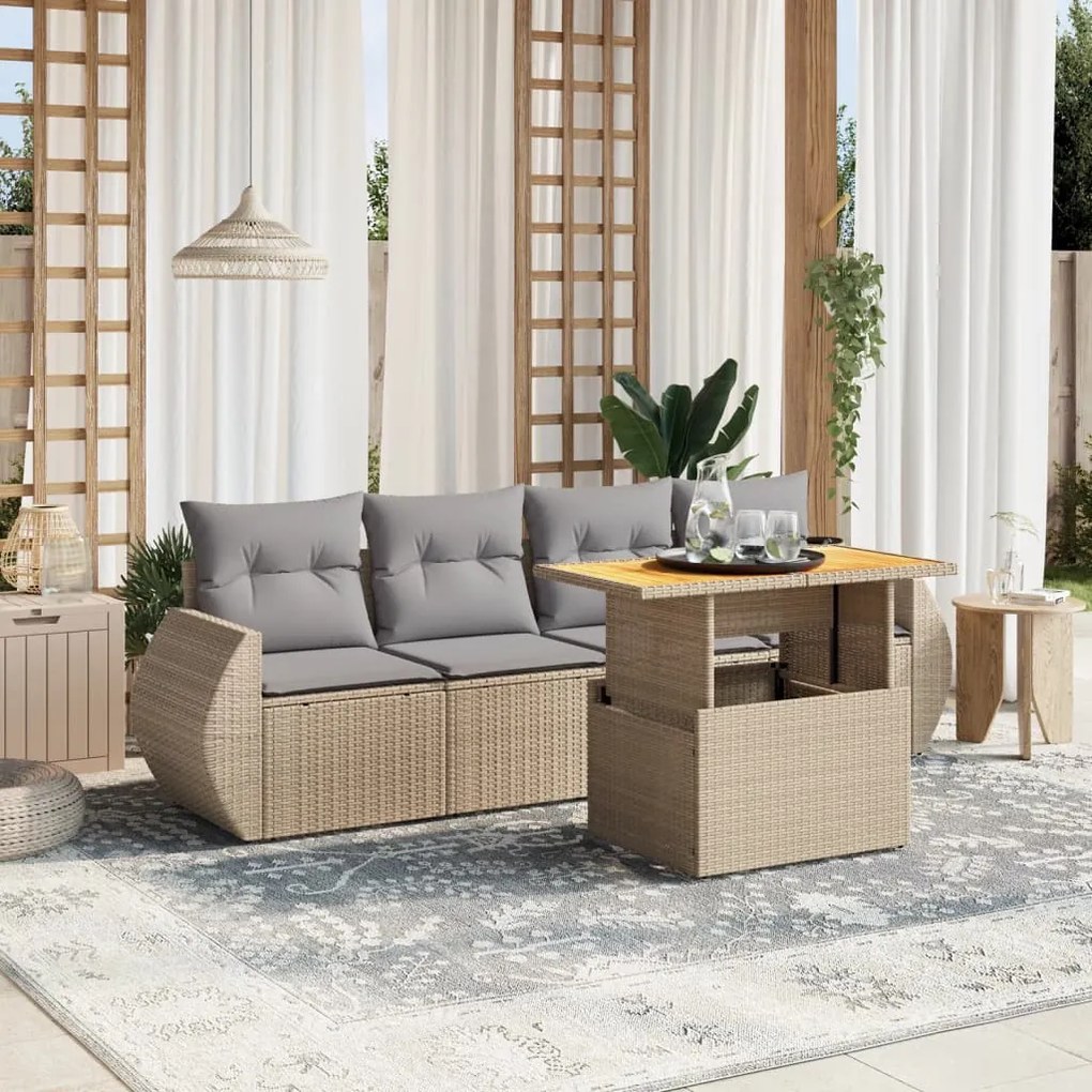 5 pcs conjunto de sofás p/ jardim com almofadões vime PE bege