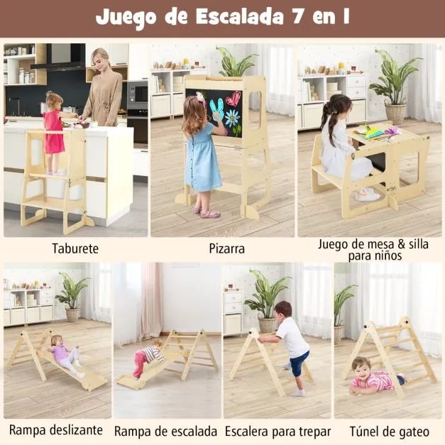 Conjunto 7 em 1 Escalador dobrável para crianças de 3 a 14 anos com rampa reversível, banco conversível e quadro divertido natural