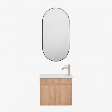 Conjunto De Móvel De Casa De Banho Suspenso Em Madeira Com Lavatório Integrado Narek Castanho Fresno & Ovale Led E Antifog Preto 50x100 Cm - Sklum