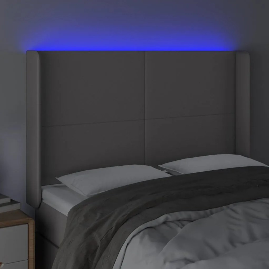Cabeceira cama c/ LED couro artif. 147x16x118/128 cm cinzento