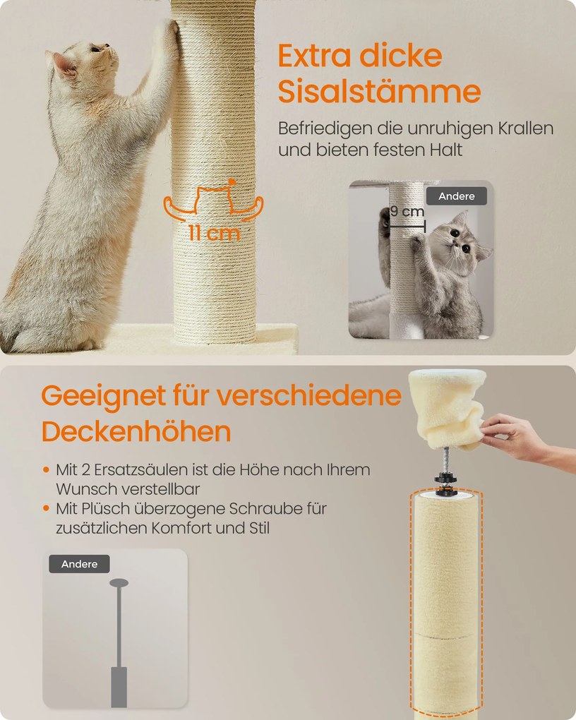 Arranhador para gatos com altura até ao teto 231-291 cm, ajustável em altura, bege