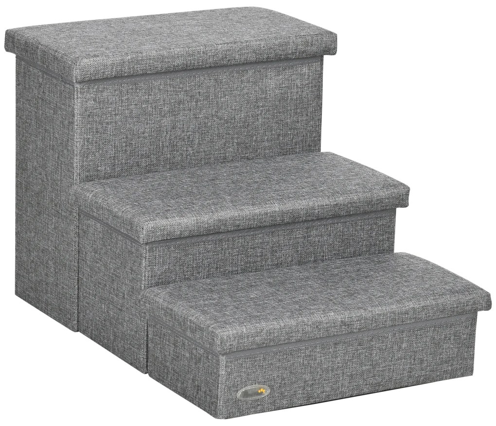 PawHut Escada para Animais de Estimação com 3 Degraus para Cães Gatos com Espaço de Armazenamento 63,5x42,5x40,5 cm Cinza | Aosom Portugal