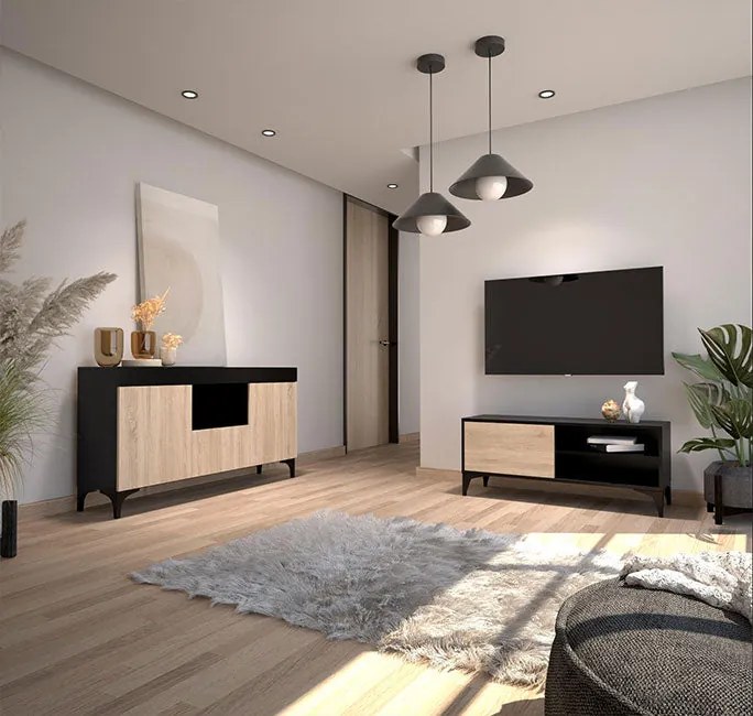 Aparador Koi – 130x32,5x58 cm – Preto e Sonoma Mate – 3 Portas + Nicho
