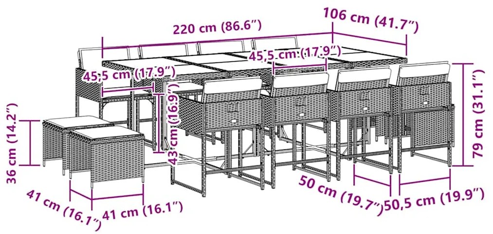 13 pcs conjunto jantar p/ jardim c/ almofadões vime PE cinzento